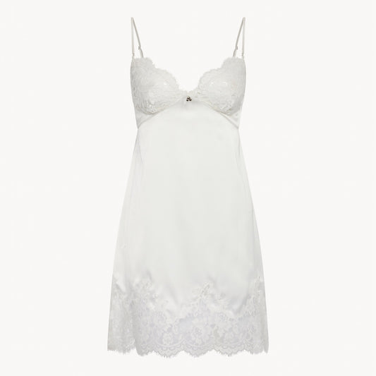 Vintage-inspired satin and lace bridal slip with French lace appliqué on bust and hem