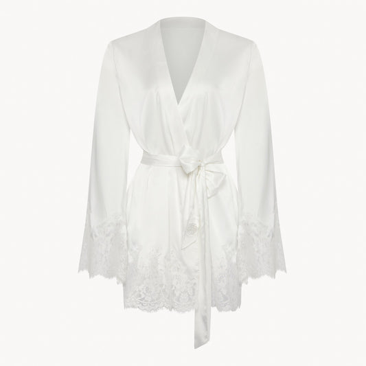 LL satin and lace short bridal robe with French lace appliqué and satin tie