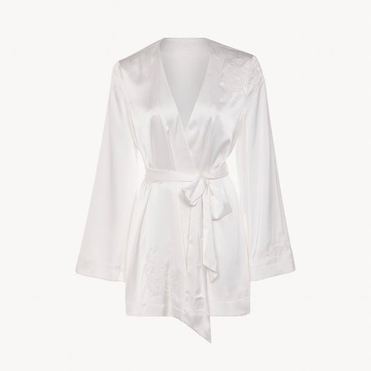 Luxury bridal satin robe with floral embroidery and “I Choose You” cuff detail, made from recycled satin.