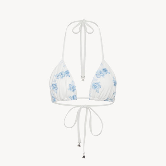 Julia gathered triangle bridal bikini set in blue with tie-side bottoms, eco-sustainable swimwear